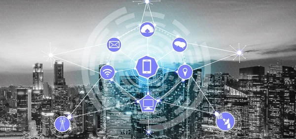 스마트 네트워크 인터넷 Iot 배경에서 건물에 Ict 개념으로 그래픽 — 스톡 사진