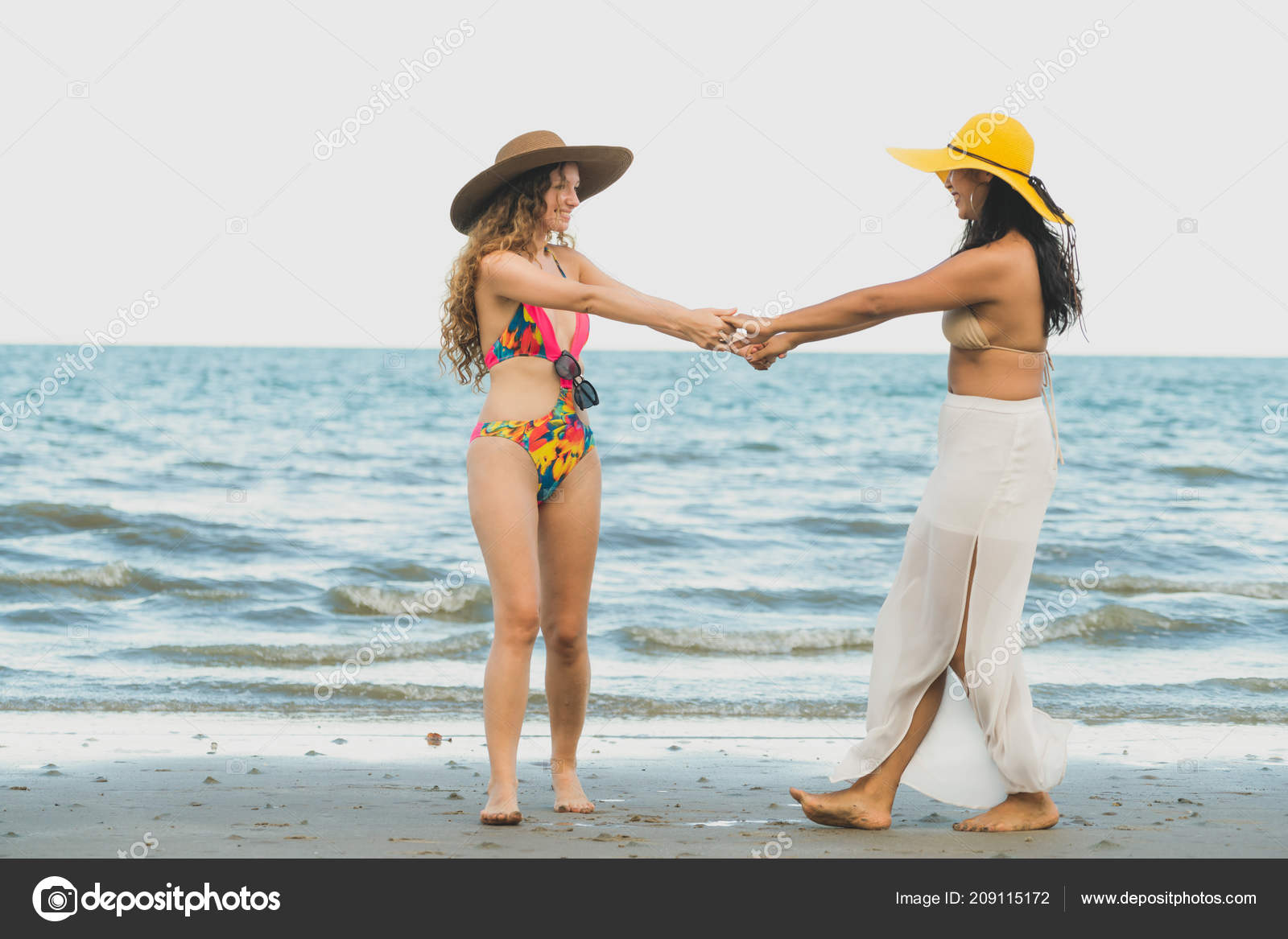 Happy Women Bikinis Dance Together Tropical Sand Beach Summer Vacation