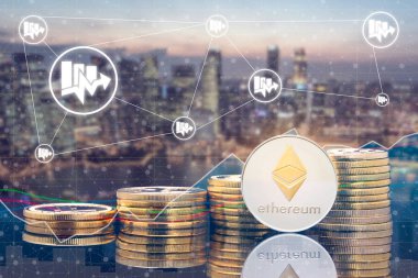 Piyasa ticaret fiyat tablosu Ethereum Eth ve kavram - fiziksel Ethereum paralar şehir arka plan ve exchange ile yatırım cryptocurrency. Blockchain ve finans teknolojileri.