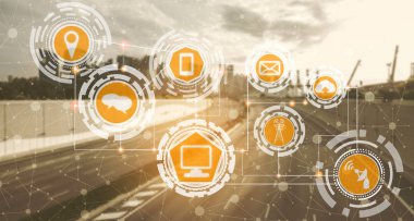 Akıllı şehir kablosuz iletişim ağı Internet şeyler (çok) ve bilgi iletişim teknolojisi (ICT) modern şehir binaları içinde belgili tanımlık geçmiş karşı grafik gösteren kavramı ile.