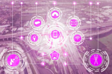 Akıllı şehir kablosuz iletişim ağı Internet şeyler (çok) ve bilgi iletişim teknolojisi (ICT) modern şehir binaları içinde belgili tanımlık geçmiş karşı grafik gösteren kavramı ile.