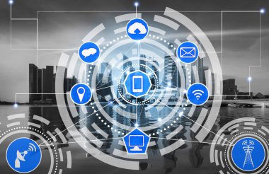 Akıllı şehir kablosuz iletişim ağı Internet şeyler (çok) ve bilgi iletişim teknolojisi (ICT) modern şehir binaları içinde belgili tanımlık geçmiş karşı grafik gösteren kavramı ile.