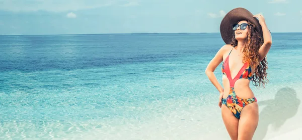 Happy Young Woman Wearing Swimsuit Tropical Sand Beach Resort Summer — Stock Photo, Image