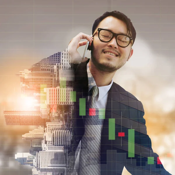 Double Exposure Image Businessman Using Mobile Phone Modern Business Buildings — Stock Photo, Image