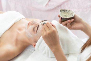 Beautiful woman having a facial cosmetic scrub treatment from professional dermatologist at wellness spa. Anti-aging, facial skin care and luxury lifestyle concept. clipart