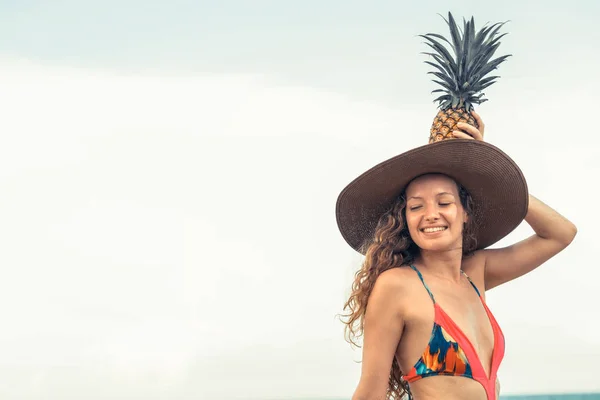 Happy Young Woman Wearing Swimsuit Tropical Sand Beach Summer Holiday — Stock Photo, Image