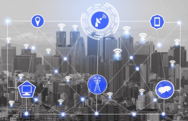 Akıllı şehir kablosuz iletişim ağı Internet şeyler (çok) ve bilgi iletişim teknolojisi (ICT) modern şehir binaları içinde belgili tanımlık geçmiş karşı grafik gösteren kavramı ile.