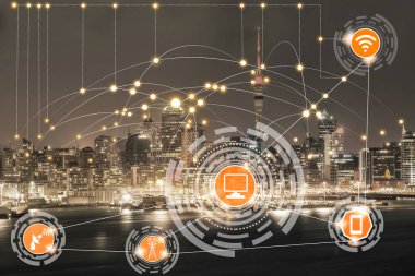 Akıllı şehir kablosuz iletişim ağı Internet şeyler (çok) ve bilgi iletişim teknolojisi (ICT) modern şehir binaları içinde belgili tanımlık geçmiş karşı grafik gösteren kavramı ile.
