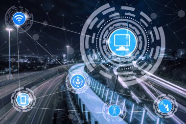 Akıllı şehir kablosuz iletişim ağı Internet şeyler (çok) ve bilgi iletişim teknolojisi (ICT) modern şehir binaları içinde belgili tanımlık geçmiş karşı grafik gösteren kavramı ile.