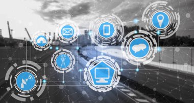 Akıllı şehir kablosuz iletişim ağı Internet şeyler (çok) ve bilgi iletişim teknolojisi (ICT) modern şehir binaları içinde belgili tanımlık geçmiş karşı grafik gösteren kavramı ile.