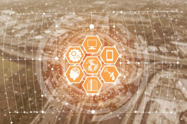 Akıllı şehir kablosuz iletişim ağı Internet şeyler (çok) ve bilgi iletişim teknolojisi (ICT) modern şehir binaları içinde belgili tanımlık geçmiş karşı grafik gösteren kavramı ile.