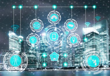 Akıllı şehir kablosuz iletişim ağı Internet şeyler (çok) ve bilgi iletişim teknolojisi (ICT) modern şehir binaları içinde belgili tanımlık geçmiş karşı grafik gösteren kavramı ile.