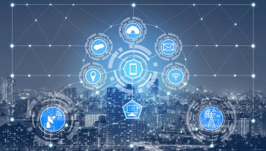 Akıllı şehir kablosuz iletişim ağı Internet şeyler (çok) ve bilgi iletişim teknolojisi (ICT) modern şehir binaları içinde belgili tanımlık geçmiş karşı grafik gösteren kavramı ile.