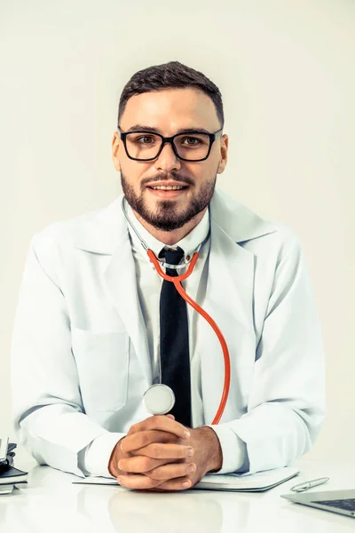 Happy Male Doctor Office Desk Hospital Working Laptop Computer Medical — Stock Photo, Image