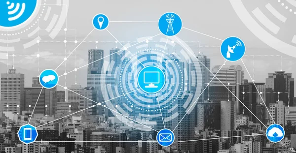 Akıllı şehir kablosuz iletişim ağı Internet şeyler (çok) ve bilgi iletişim teknolojisi (ICT) modern şehir binaları içinde belgili tanımlık geçmiş karşı grafik gösteren kavramı ile.