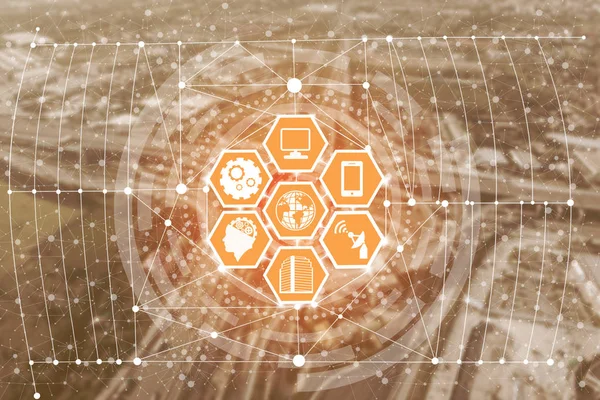 Akıllı şehir kablosuz iletişim ağı Internet şeyler (çok) ve bilgi iletişim teknolojisi (ICT) modern şehir binaları içinde belgili tanımlık geçmiş karşı grafik gösteren kavramı ile.