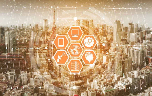 Akıllı şehir kablosuz iletişim ağı Internet şeyler (çok) ve bilgi iletişim teknolojisi (ICT) modern şehir binaları içinde belgili tanımlık geçmiş karşı grafik gösteren kavramı ile.