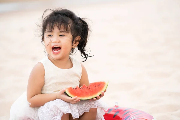 Adorable Kid Eating Watermelon Tropical Sand Beach Summer — Stock Photo, Image