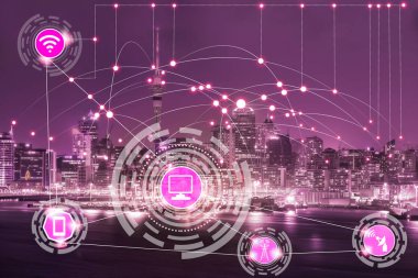 Akıllı şehir kablosuz iletişim ağı Internet şeyler (çok) ve bilgi iletişim teknolojisi (ICT) modern şehir binaları içinde belgili tanımlık geçmiş karşı grafik gösteren kavramı ile.