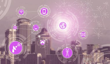 Akıllı şehir kablosuz iletişim ağı Internet şeyler (çok) ve bilgi iletişim teknolojisi (ICT) modern şehir binaları içinde belgili tanımlık geçmiş karşı grafik gösteren kavramı ile.