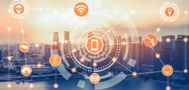 Akıllı şehir kablosuz iletişim ağı Internet şeyler (çok) ve bilgi iletişim teknolojisi (ICT) modern şehir binaları içinde belgili tanımlık geçmiş karşı grafik gösteren kavramı ile.