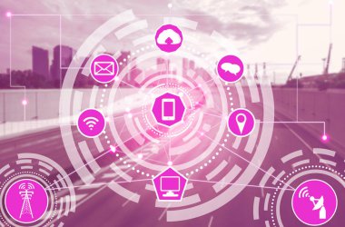 Akıllı şehir kablosuz iletişim ağı Internet şeyler (çok) ve bilgi iletişim teknolojisi (ICT) modern şehir binaları içinde belgili tanımlık geçmiş karşı grafik gösteren kavramı ile.