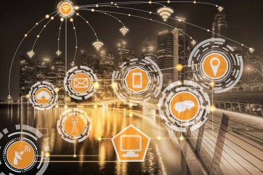 Akıllı şehir kablosuz iletişim ağı Internet şeyler (çok) ve bilgi iletişim teknolojisi (ICT) modern şehir binaları içinde belgili tanımlık geçmiş karşı grafik gösteren kavramı ile.