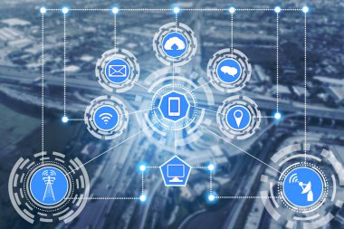 Akıllı şehir kablosuz iletişim ağı Internet şeyler (çok) ve bilgi iletişim teknolojisi (ICT) modern şehir binaları içinde belgili tanımlık geçmiş karşı grafik gösteren kavramı ile.