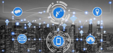 Akıllı şehir kablosuz iletişim ağı Internet şeyler (çok) ve bilgi iletişim teknolojisi (ICT) modern şehir binaları içinde belgili tanımlık geçmiş karşı grafik gösteren kavramı ile.