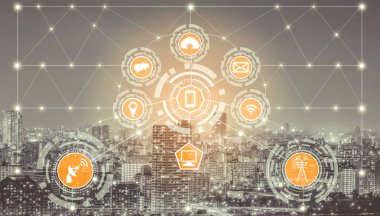 Akıllı şehir kablosuz iletişim ağı Internet şeyler (çok) ve bilgi iletişim teknolojisi (ICT) modern şehir binaları içinde belgili tanımlık geçmiş karşı grafik gösteren kavramı ile.