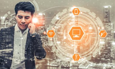 Akıllı şehir kablosuz iletişim ağı Internet şeyler (çok) ve bilgi iletişim teknolojisi (ICT) modern şehir binaları içinde belgili tanımlık geçmiş karşı grafik gösteren kavramı ile.