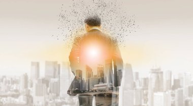 Surreal image of businessman in business suit walking away to modern business buildings and cityscape in the background. Digital innovation and technology disruption concept. clipart