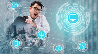 Akıllı şehir kablosuz iletişim ağı Internet şeyler (çok) ve bilgi iletişim teknolojisi (ICT) modern şehir binaları içinde belgili tanımlık geçmiş karşı grafik gösteren kavramı ile.