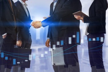 Double exposure business people handshake agreement with cityscape in background. Business executive meeting and collaboration. clipart