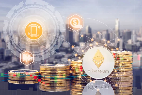 Piyasa ticaret fiyat tablosu Ethereum Eth ve kavram - fiziksel Ethereum paralar şehir arka plan ve exchange ile yatırım cryptocurrency. Blockchain ve finans teknolojileri.