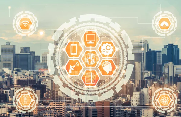 Akıllı şehir kablosuz iletişim ağı Internet şeyler (çok) ve bilgi iletişim teknolojisi (ICT) modern şehir binaları içinde belgili tanımlık geçmiş karşı grafik gösteren kavramı ile.