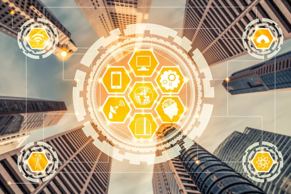 Akıllı şehir kablosuz iletişim ağı Internet şeyler (çok) ve bilgi iletişim teknolojisi (ICT) modern şehir binaları içinde belgili tanımlık geçmiş karşı grafik gösteren kavramı ile.