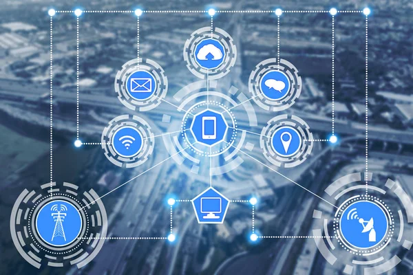 Akıllı şehir kablosuz iletişim ağı Internet şeyler (çok) ve bilgi iletişim teknolojisi (ICT) modern şehir binaları içinde belgili tanımlık geçmiş karşı grafik gösteren kavramı ile.