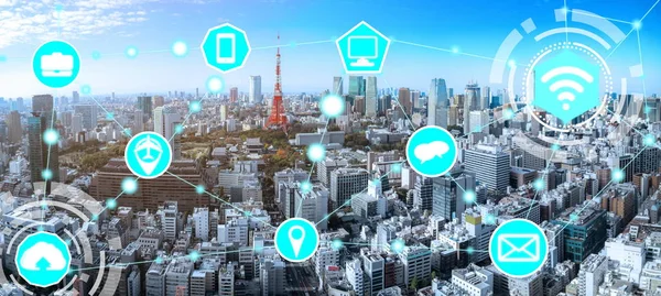 Rete Comunicazione Wireless Smart City Con Grafica Che Mostra Concetto — Foto Stock