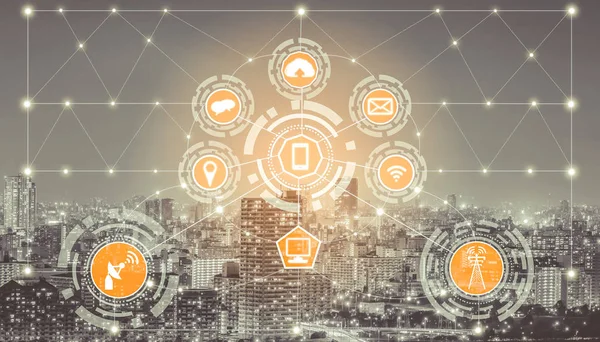 Akıllı şehir kablosuz iletişim ağı Internet şeyler (çok) ve bilgi iletişim teknolojisi (ICT) modern şehir binaları içinde belgili tanımlık geçmiş karşı grafik gösteren kavramı ile.