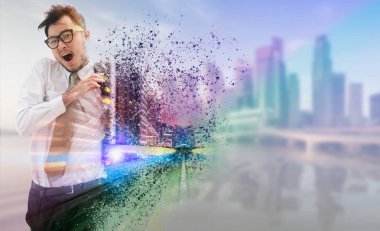 Modern binalar cityscape içinde arka planlar ile hızlı şehirde çalışan işadamı çift pozlama gerçeküstü görüntüsü. İş yarışmalar kavramı.