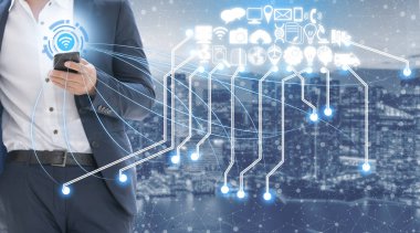 Akıllı şehir kablosuz iletişim ağı Internet şeyler (çok) ve bilgi iletişim teknolojisi (ICT) modern şehir binaları içinde belgili tanımlık geçmiş karşı grafik gösteren kavramı ile.