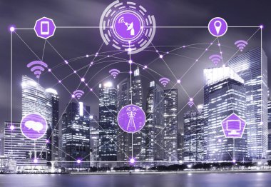 Akıllı şehir kablosuz iletişim ağı Internet şeyler (çok) ve bilgi iletişim teknolojisi (ICT) modern şehir binaları içinde belgili tanımlık geçmiş karşı grafik gösteren kavramı ile.