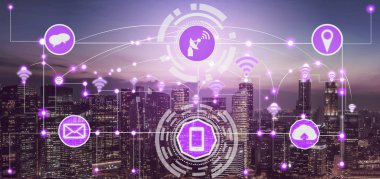 Akıllı şehir kablosuz iletişim ağı Internet şeyler (çok) ve bilgi iletişim teknolojisi (ICT) modern şehir binaları içinde belgili tanımlık geçmiş karşı grafik gösteren kavramı ile.