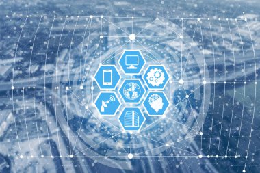 Akıllı şehir kablosuz iletişim ağı Internet şeyler (çok) ve bilgi iletişim teknolojisi (ICT) modern şehir binaları içinde belgili tanımlık geçmiş karşı grafik gösteren kavramı ile.