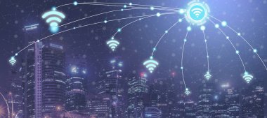 Akıllı şehir kablosuz iletişim ağı Internet şeyler (çok) ve bilgi iletişim teknolojisi (ICT) modern şehir binaları içinde belgili tanımlık geçmiş karşı grafik gösteren kavramı ile.