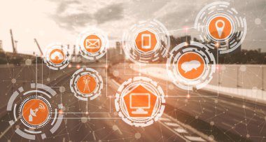 Akıllı şehir kablosuz iletişim ağı Internet şeyler (çok) ve bilgi iletişim teknolojisi (ICT) modern şehir binaları içinde belgili tanımlık geçmiş karşı grafik gösteren kavramı ile.