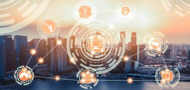 Akıllı şehir kablosuz iletişim ağı Internet şeyler (çok) ve bilgi iletişim teknolojisi (ICT) modern şehir binaları içinde belgili tanımlık geçmiş karşı grafik gösteren kavramı ile.