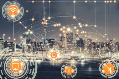 Akıllı şehir kablosuz iletişim ağı Internet şeyler (çok) ve bilgi iletişim teknolojisi (ICT) modern şehir binaları içinde belgili tanımlık geçmiş karşı grafik gösteren kavramı ile.