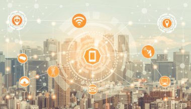 Akıllı şehir kablosuz iletişim ağı Internet şeyler (çok) ve bilgi iletişim teknolojisi (ICT) modern şehir binaları içinde belgili tanımlık geçmiş karşı grafik gösteren kavramı ile.